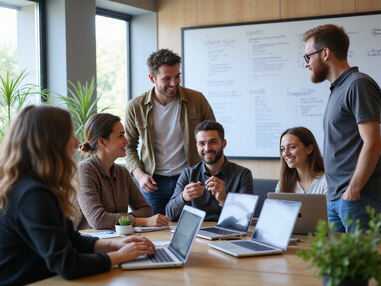 Équipe CodeAxis Labs travaillant ensemble dans un espace de bureau moderne